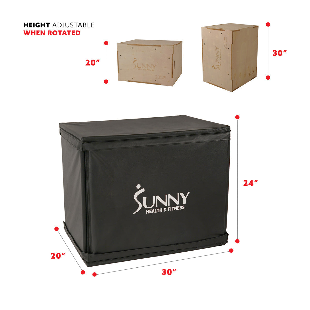 Wood Plyo Box w/ Removable Cover, 500 lb Weight Capacity & 3 in 1 Height Adjustment - 30"/24"/20"