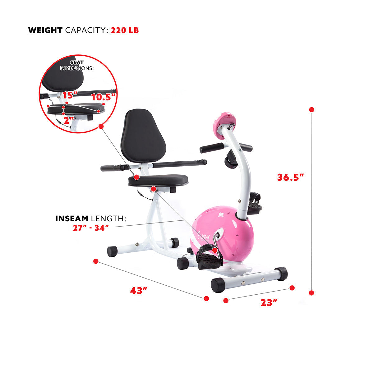 Magnetic Recumbent Bike Exercise Bike, 220lb Capacity, Monitor, Pulse Rate Monitoring