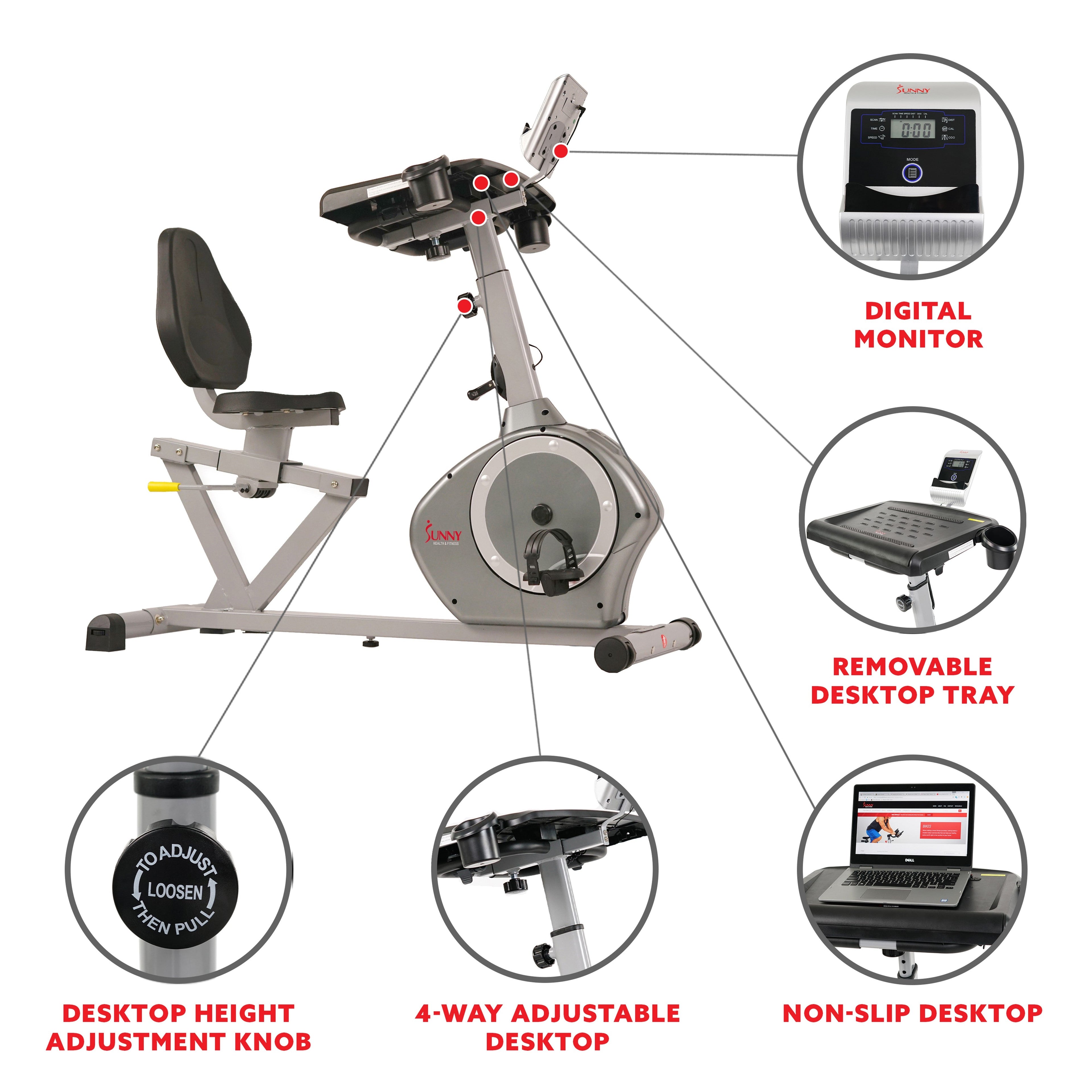 Magnetic Recumbent Desk Exercise Bike, 350lb High Weight Capacity, Monitor