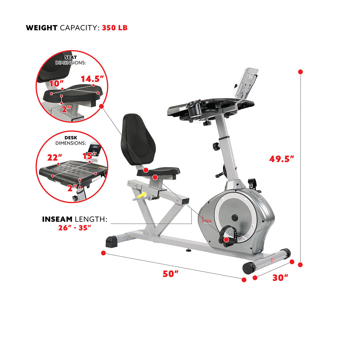 Magnetic Recumbent Desk Exercise Bike, 350lb High Weight Capacity, Monitor