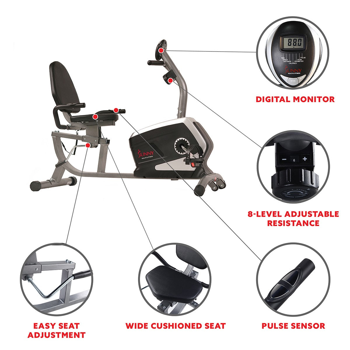 Magnetic Recumbent Exercise Bike, 300 lb Capacity & Easy Adjustable Seat