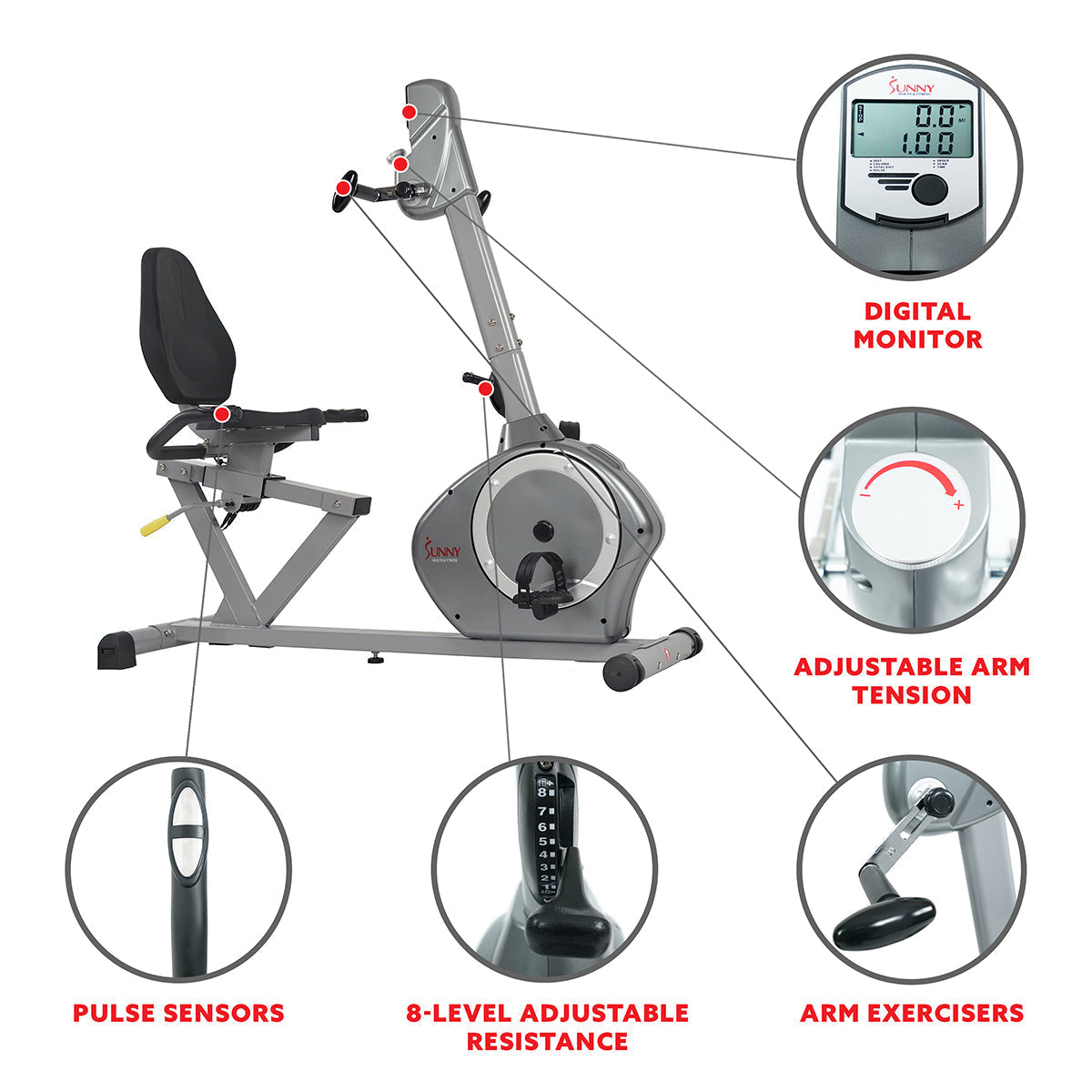 Magnetic Recumbent Exercise Bike, 350 lb High Weight Capacity, Arm Exercisers, Monitor, Pulse Rate