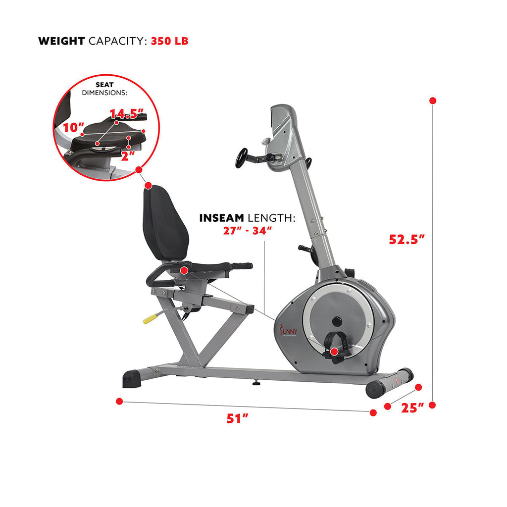 Magnetic Recumbent Exercise Bike, 350 lb High Weight Capacity, Arm Exercisers, Monitor, Pulse Rate