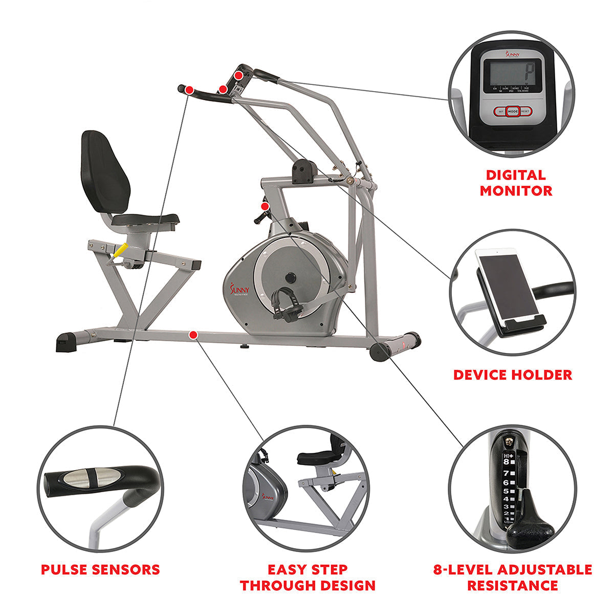Magnetic Recumbent Exercise Bike, 350lb High Weight Capacity, Arm Exercisers, Monitor, Pulse Rate