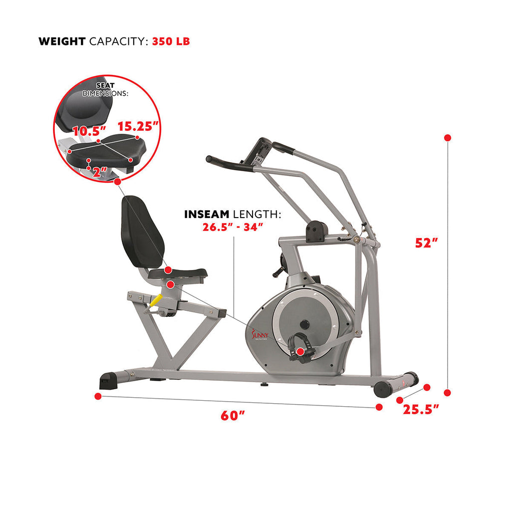 Magnetic Recumbent Exercise Bike, 350lb High Weight Capacity, Arm Exercisers, Monitor, Pulse Rate