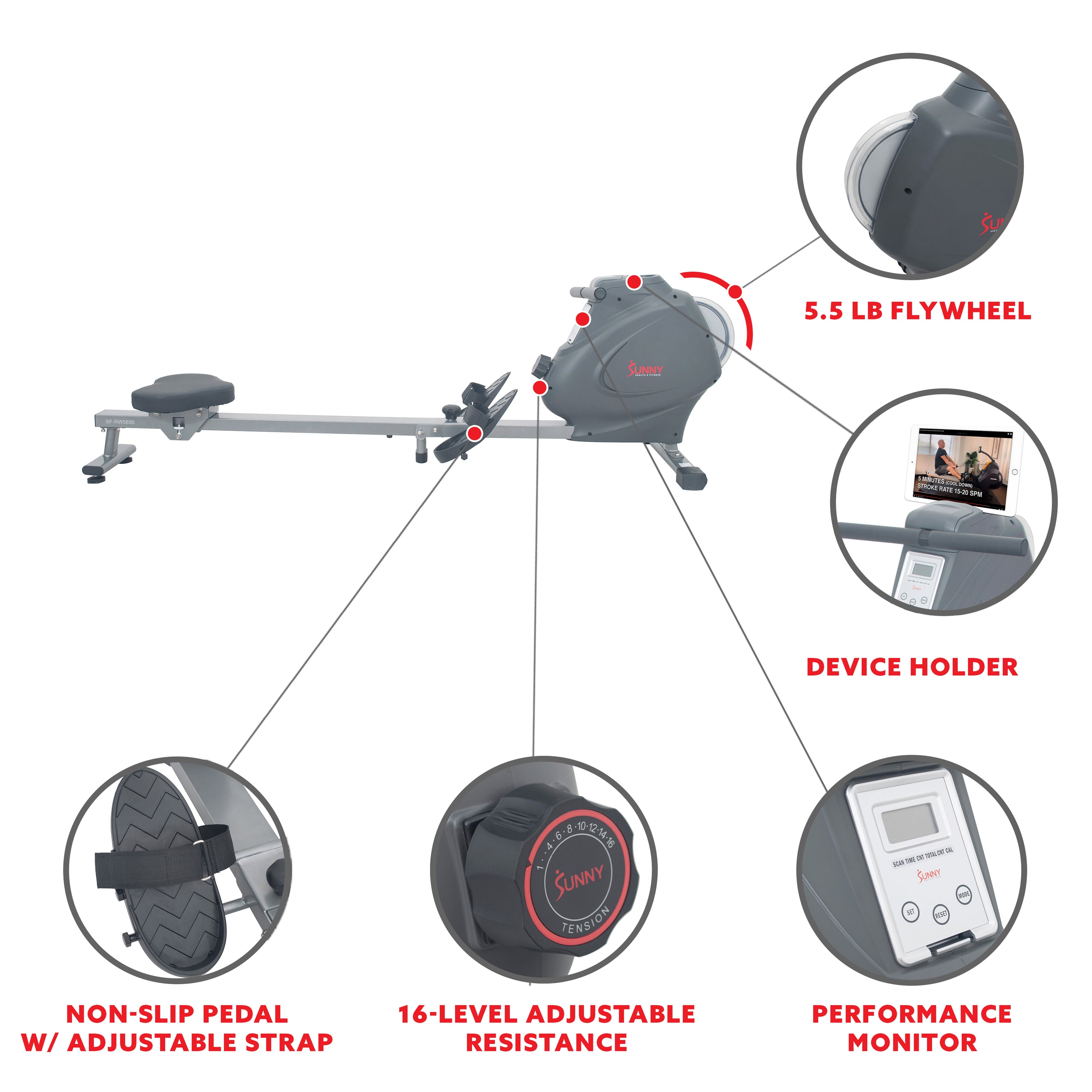 Magnetic Rowing Machine Rower, LCD Monitor w/Device Holder