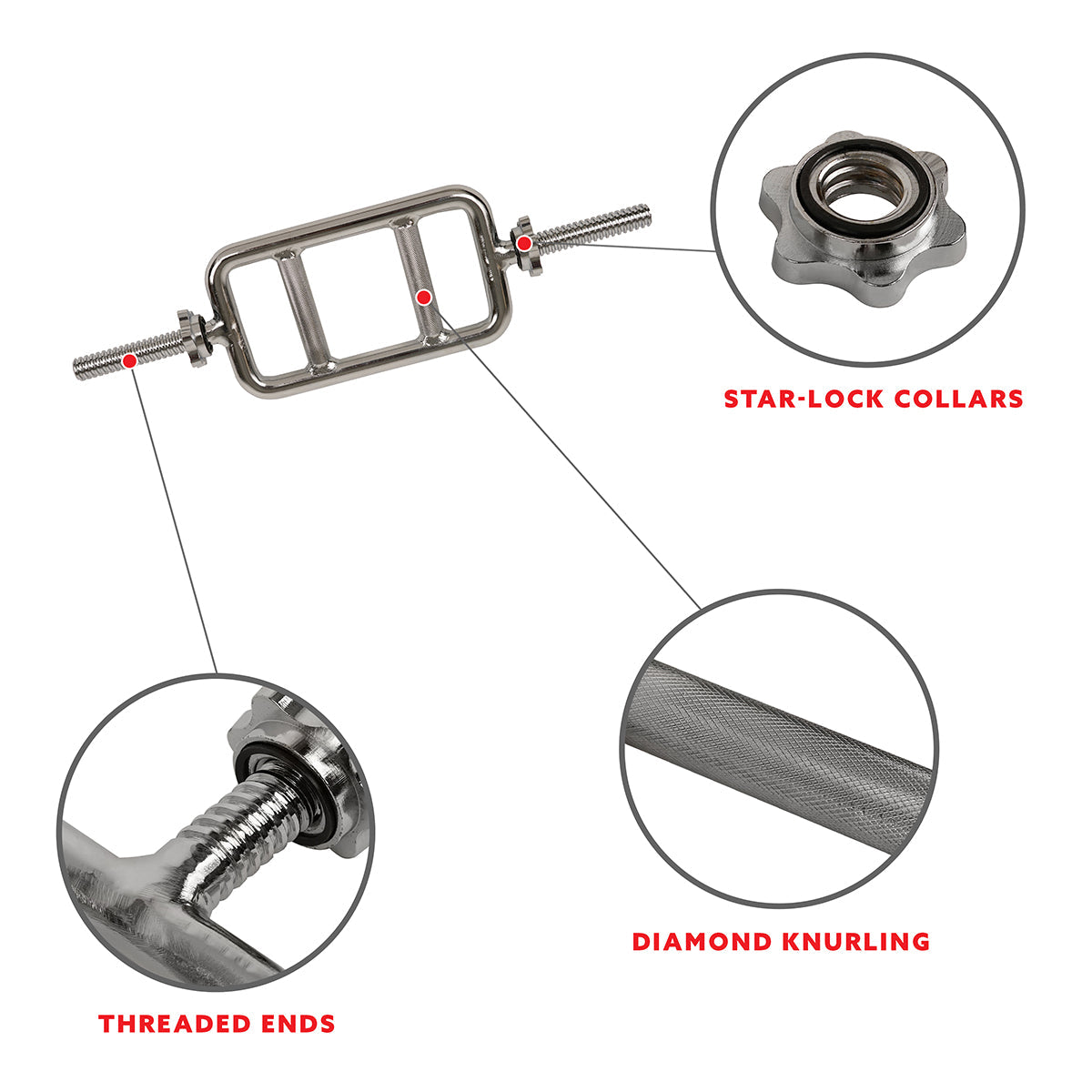 24 in Threaded Solid Chrome Tricep Bar w/ Ring Collars