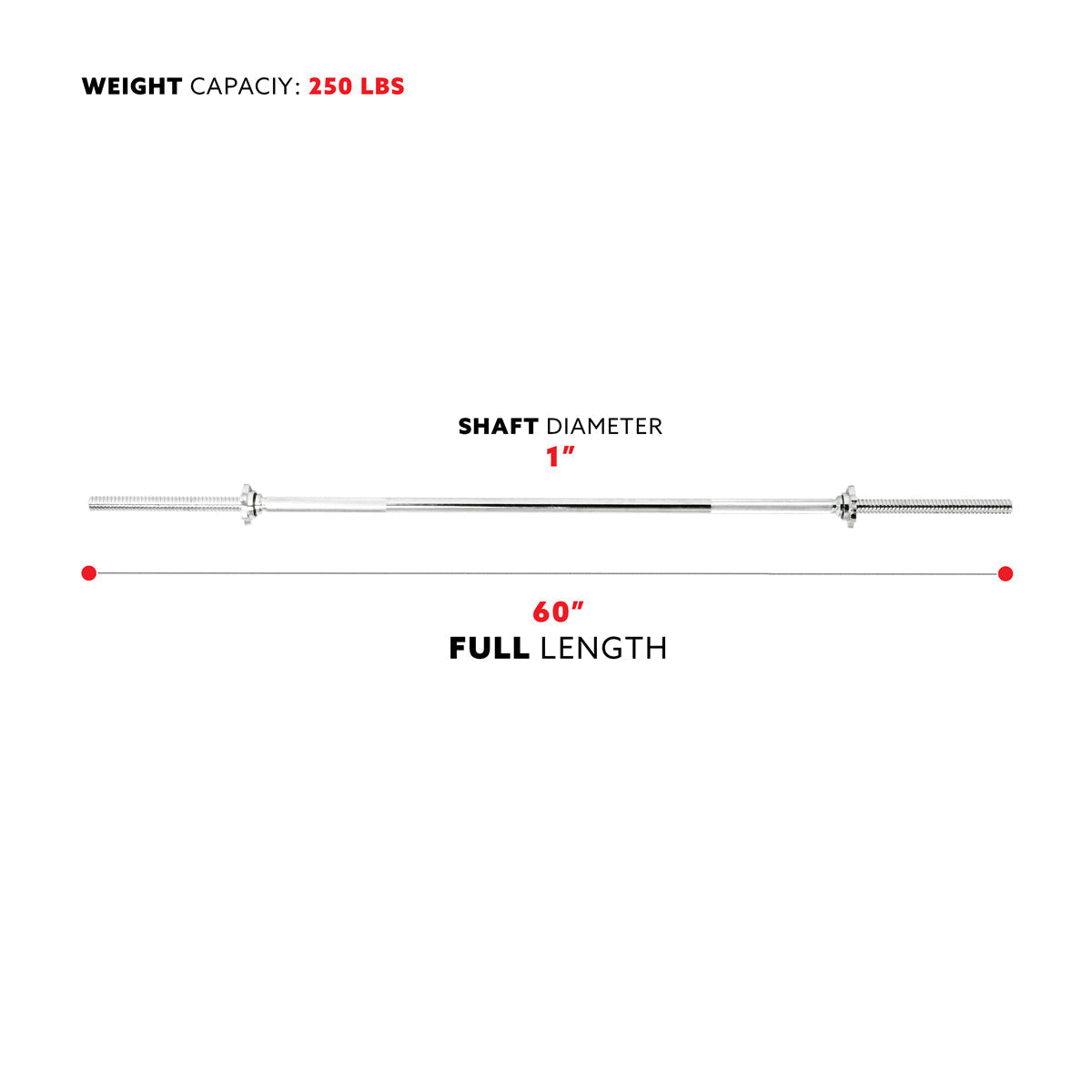 60 in Threaded Chrome Barbell Bar, 1 in Barbell Diameter w/ Ring Collars