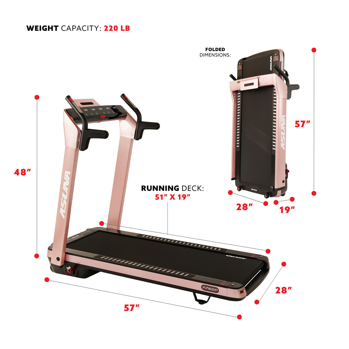 SpaceFlex Running Treadmill w/ Auto Incline, Foldable Wide Deck - Pink